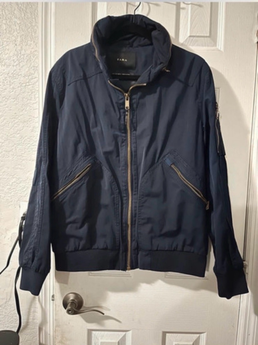 Zara Men's Navy Blue Bomber Jacket with Gold Zippers